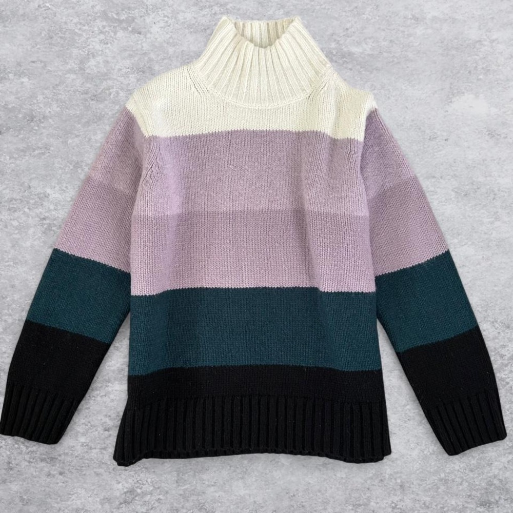 Ann Taylor Womens Colorblock Mock Neck Sweater Purple Teal Black Stripe Size M